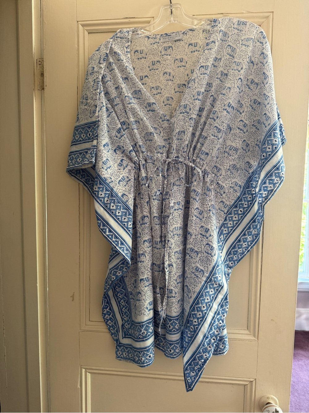 Blue Printed V-Neck Tunic Top with Drawstring Waist